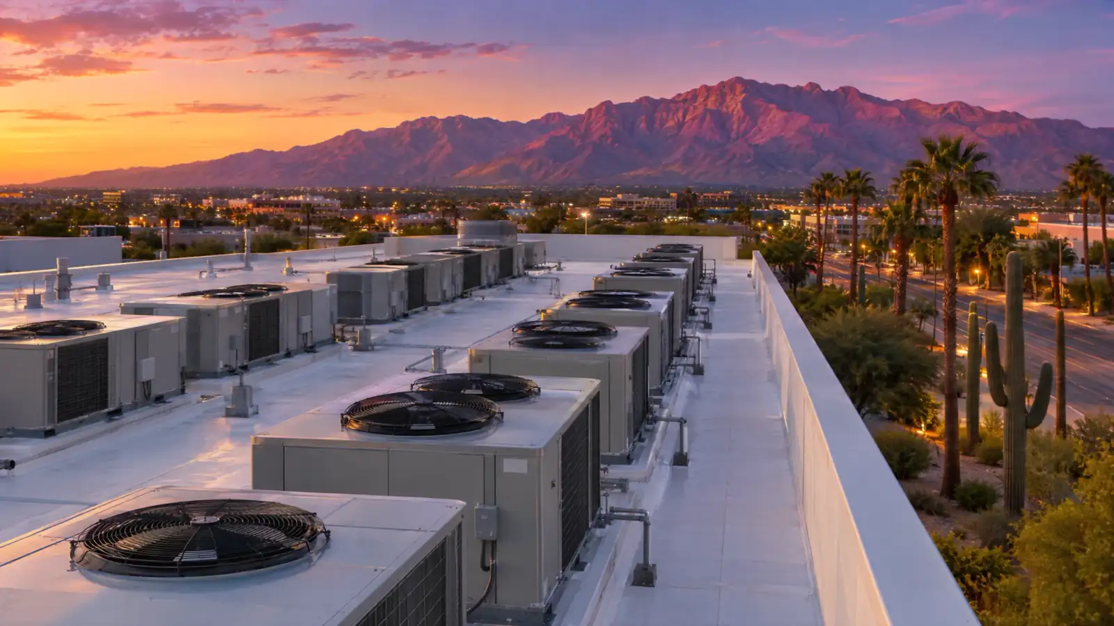 Rooftop HVAC units on a Tucson commercial building at dusk