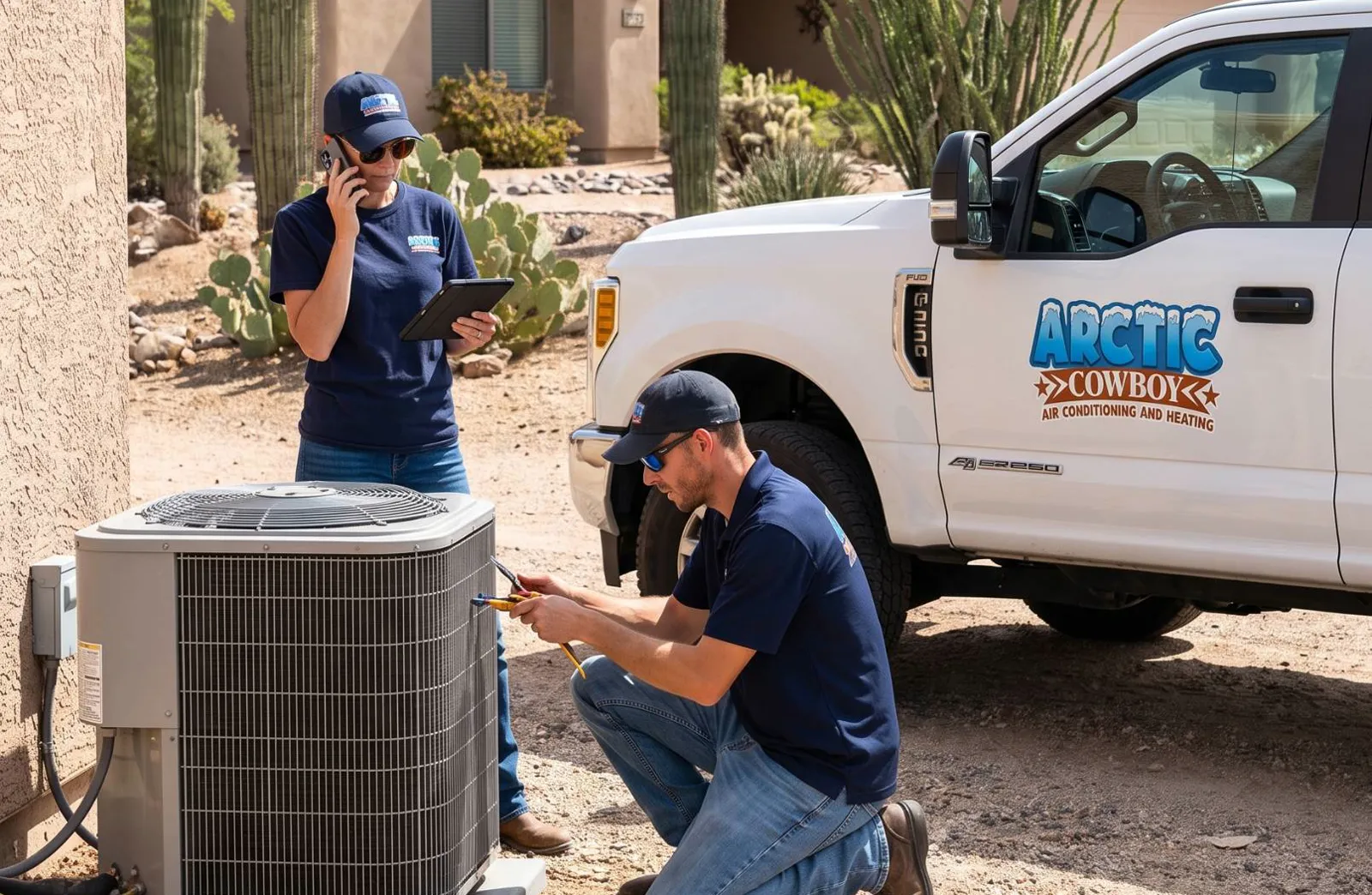Arctic Cowboy checking an outdoor heat pump at a Tucson home