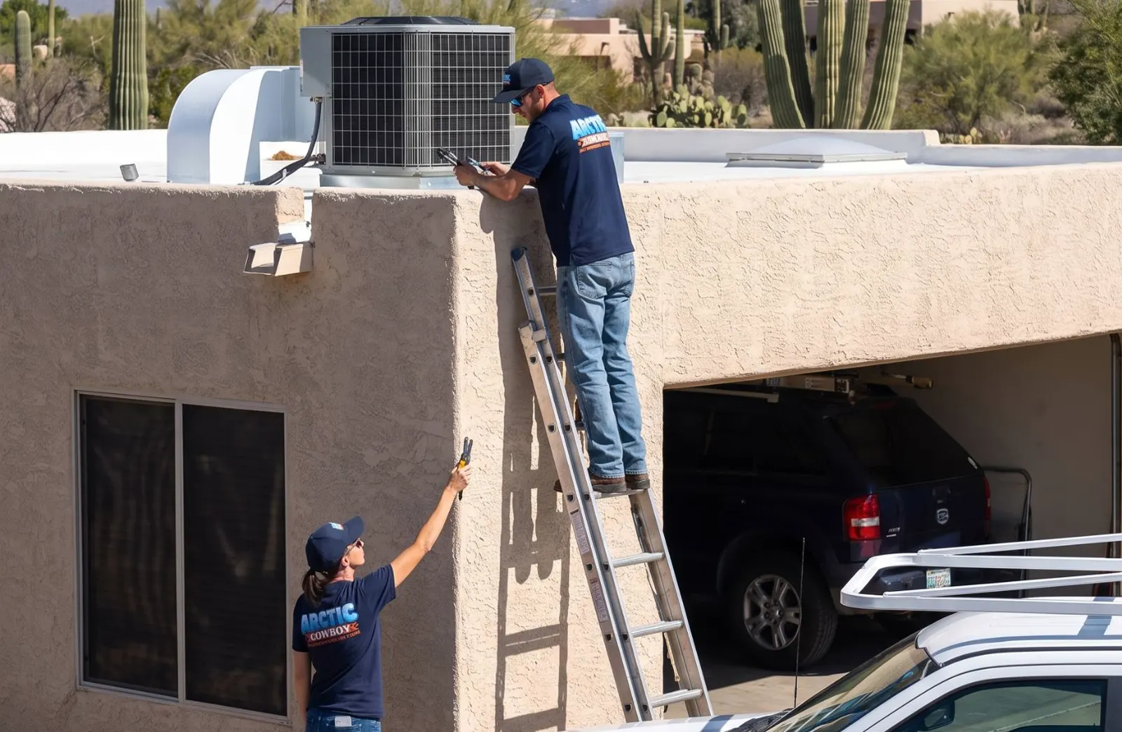 Brandon and Kelly of Arctic Cowboy servicing a rooftop AC unit