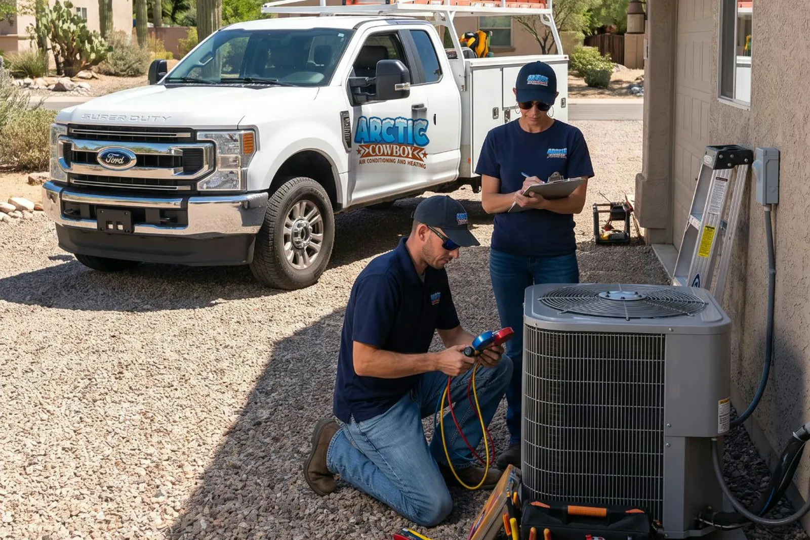 Arctic Cowboy technician testing an outdoor AC unit with Kelly taking notes